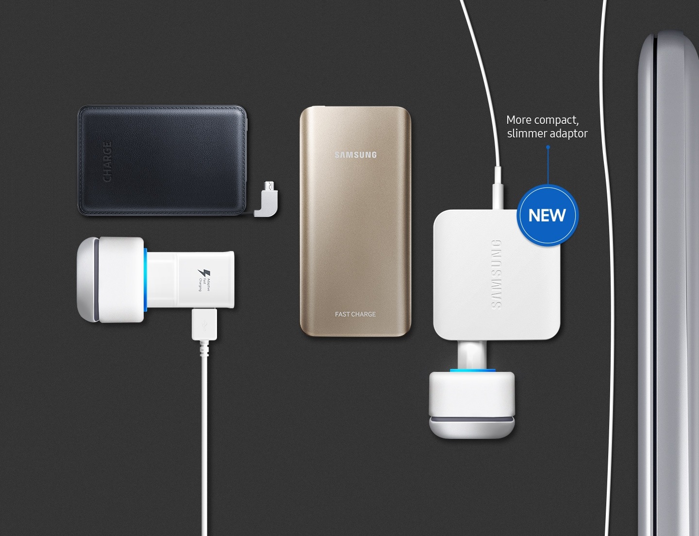 An image showing the Notebook 9’s side and a charging cable connected to a multi-outlet adapter, as well as a portable phone battery and charger. An icon that reads “new” visible, with the text― more compact, slimmer adapter.