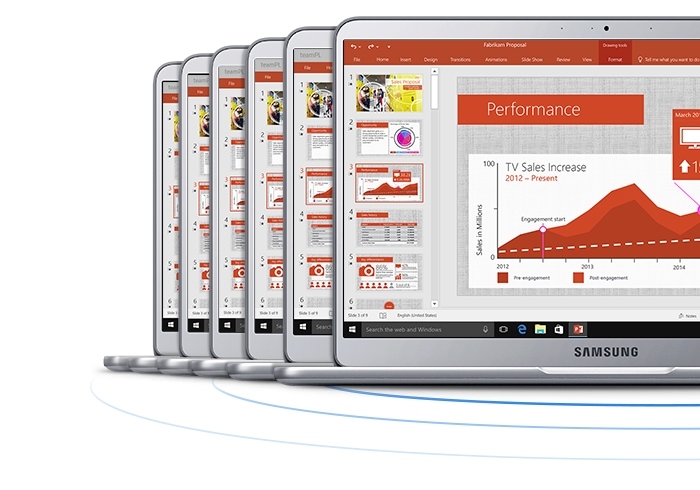 An image showing the same Excel file open on six silver Notebook 9 devices’ screens