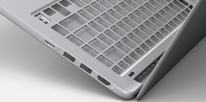 An image showing the Notebook 9’s cover open with its keyboard and palm rest frame magnified.