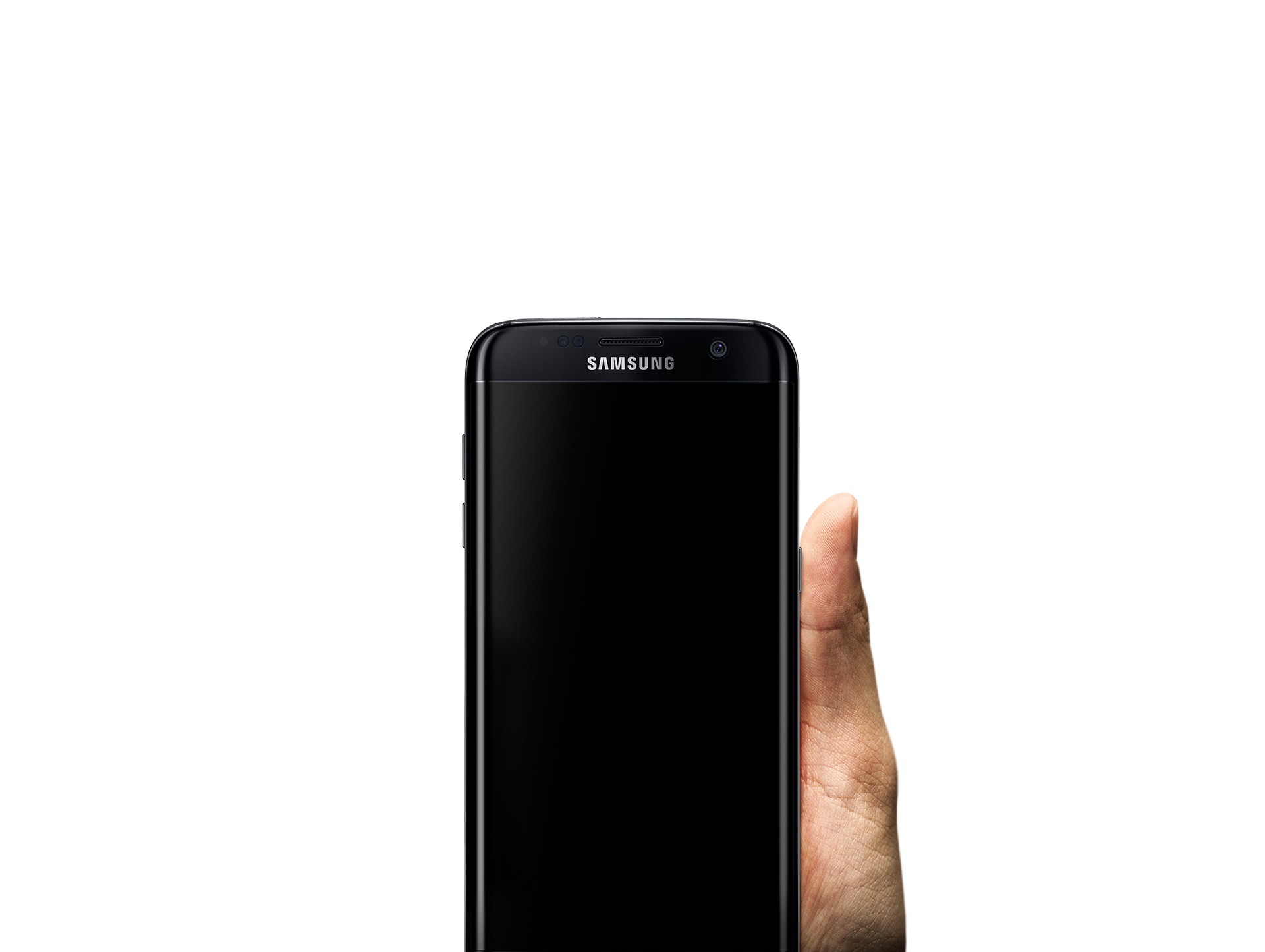 Hand holding up galaxy s7 edge against high contrast background image.