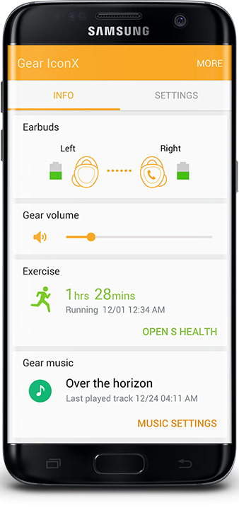 Galaxy S7 edge with interface showing the Galaxy S7 edge synced with Gear IconX 