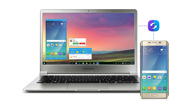 An image showing a Samsung Notebook 9 connected to a smartphone via the SideSync app.