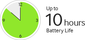 A clock icon that reads "up to 10 hours battery life".