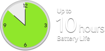 A clock icon that reads "up to 10 hours battery life".