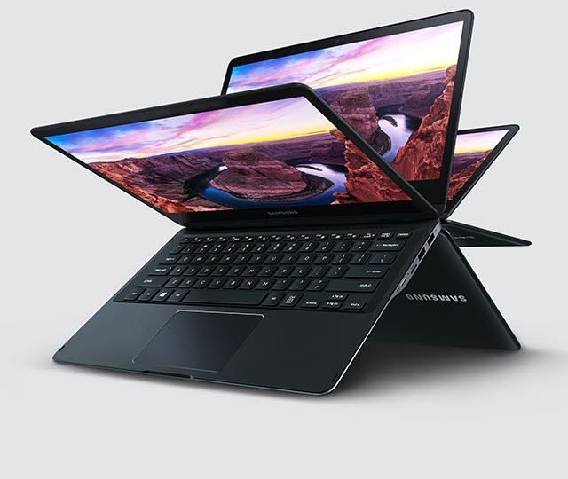 An image showing how the Samsung Notebook 9 spin's display can be rotated 360 degrees.