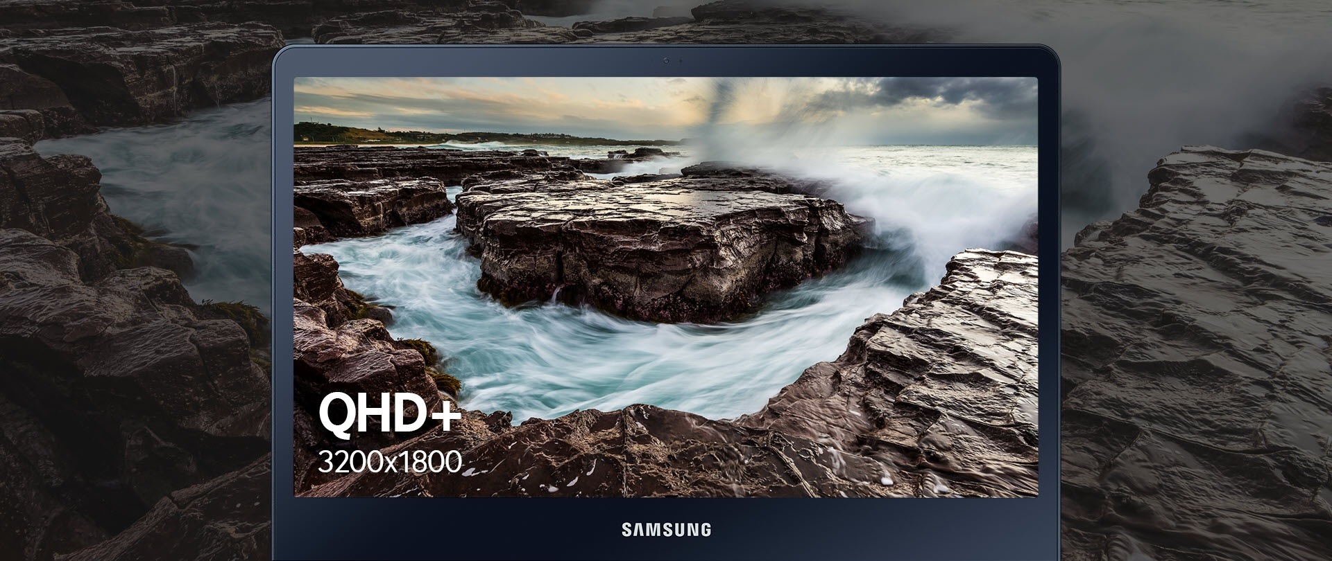 An image showing  the Notebook 9 spin's exceptionally vivid QHD+ (3200 X 1800) display, as well as QHD+ resolution, Outdoor Mode, and Real Time HDR Mode icons.