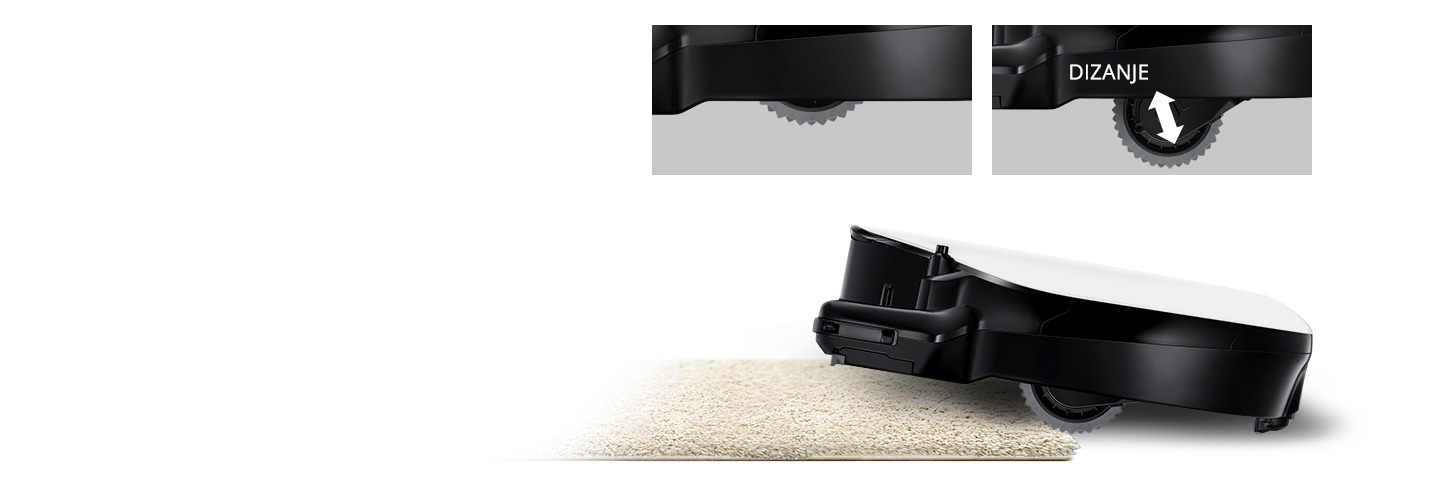 An image of a POWERbot VR7010 device lifting up a carpet using its Easy Pass™ feature. Above it, two magnified images of its wheels are visible, with one in regular mode and the other in lift-up mode.