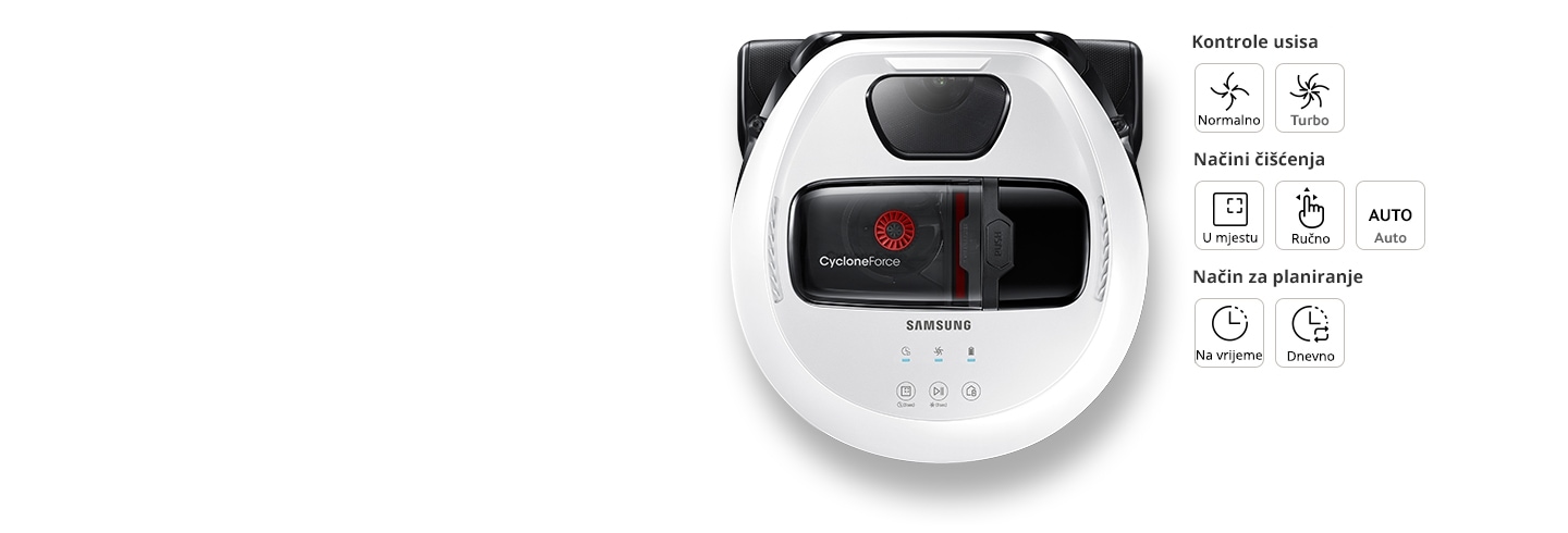 An image of a POWERbot VR7010 device as viewed from above, with various icons on the right. For the suction control, quiet, normal and max icons are visible. The Clean Mode features spot, manual and auto icons, while scheduling shows One-time and Daily icons.