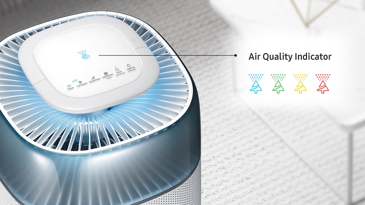 Panel menu di bagian atas Samsung Air Purifier DLX dengan Air Sensing Light, model AX40R (ukuran 40m2) menunjukkan mode, timer, cahaya, dan kecepatan kipas yang berbeda.