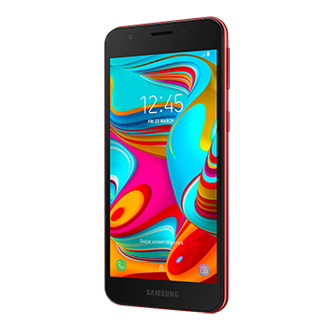 Samsung Galaxy A2 Core merah display menyamping. Cek spek harga Samsung A2 Core resmi di Samsung Indonesia sekarang.
