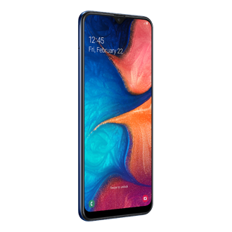 Samsung A20 biru tampak miring slot dual SIM. Ketahui info Samsung Galaxy A20 spek harga resmi di Samsung Indonesia.
