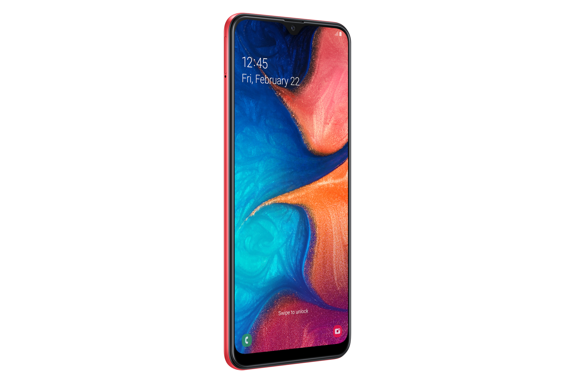 Samsung A20 merah tampak miring slot dual SIM. Ketahui info Samsung Galaxy A20 spek harga resmi di Samsung Indonesia.