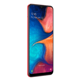 Samsung A20 merah tampak miring slot dual SIM. Ketahui info Samsung Galaxy A20 spek harga resmi di Samsung Indonesia.