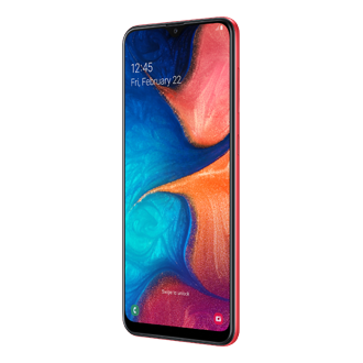 Samsung Galaxy A20 merah tampak miring tombol volume power. Ketahui info harga Samsung A20 resmi di Samsung Indonesia.