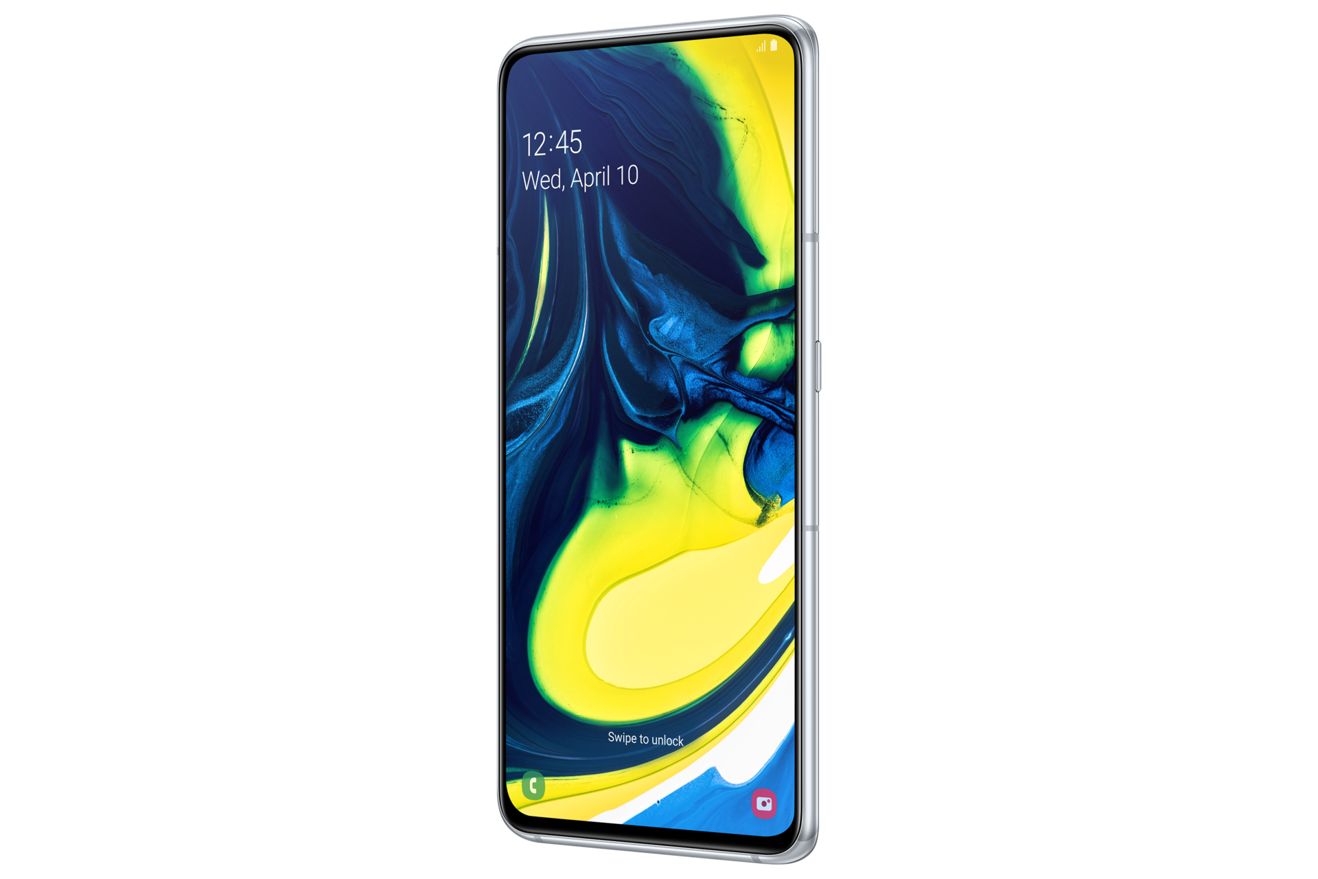 Samsung Galaxy A80 dalam posisi menyamping warna silver128GB. Cek info harga Samsung A80 spesifikasi lengkap di Samsung Indonesia.