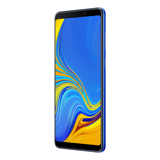Tampak depan kanan Samsung A9 128GB warna Lemonade Blue, temukan harga sekarang