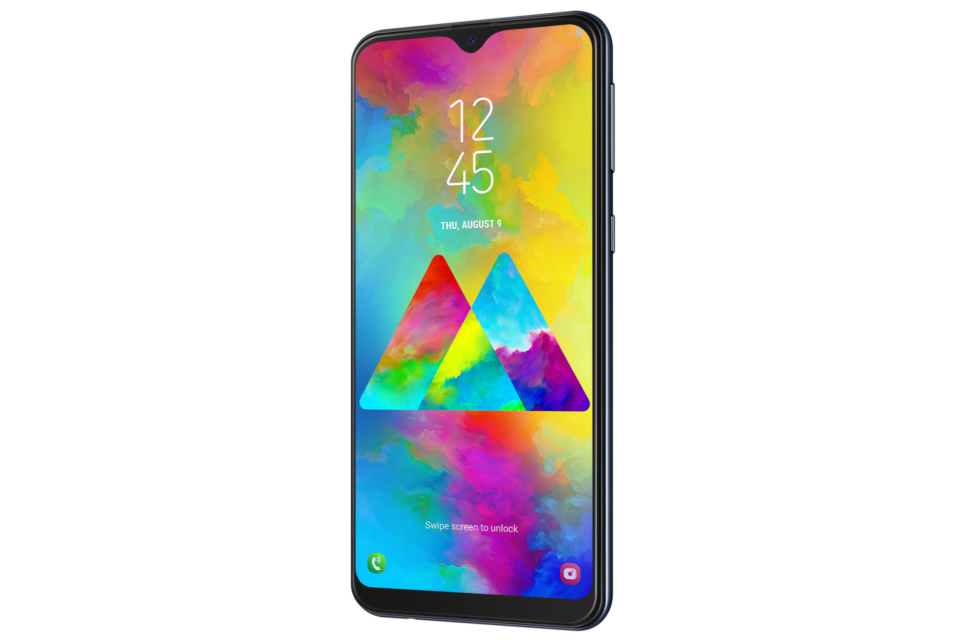 Temukan harga Samsung M20 32GB warna Charcoal Black, tampilan depan kanan