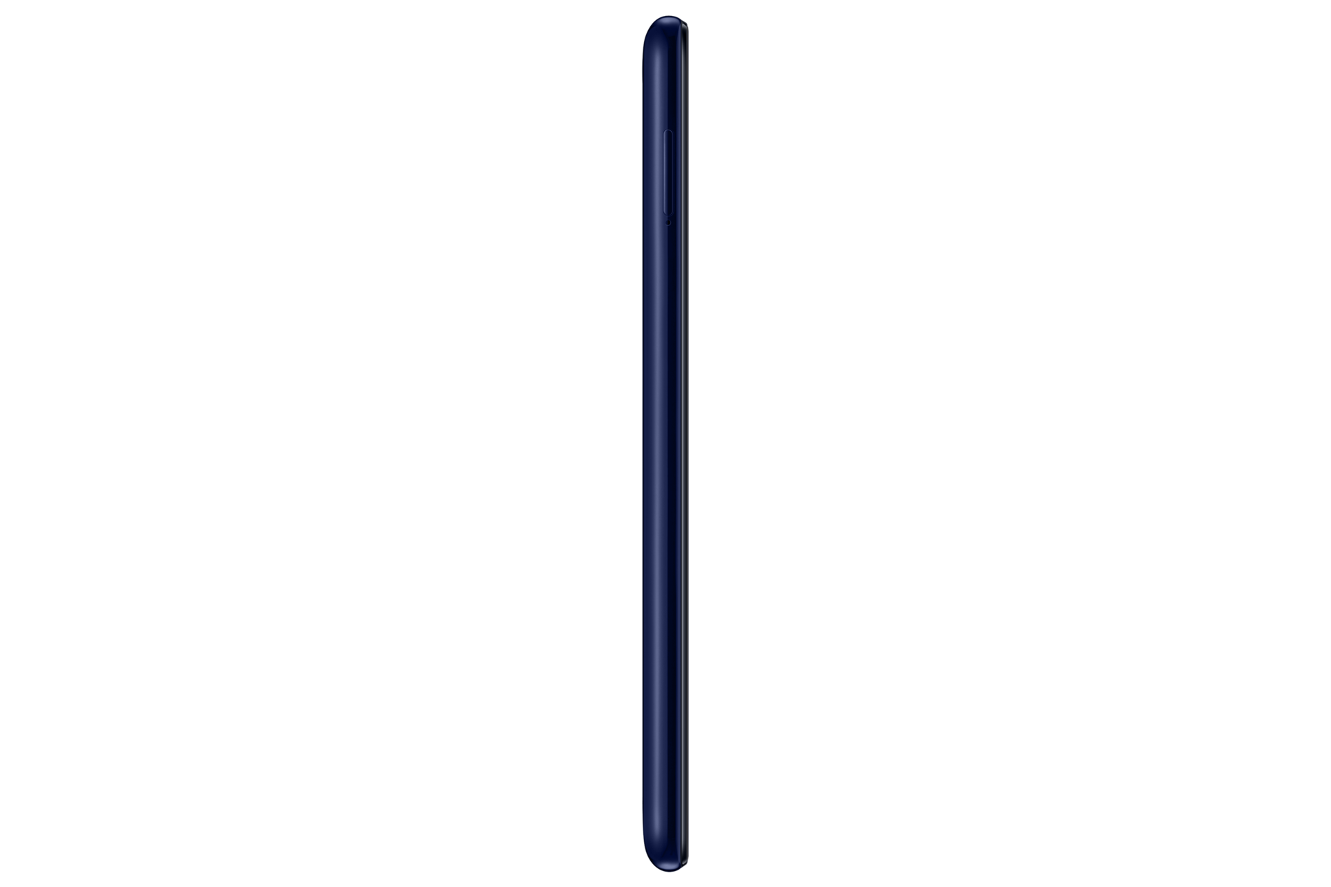 Sisi samping kiri M21 Samsung warna biru lengkap dengan spesifikasi seperti kapasitas baterai 6000mAh, Triple Kamera di bagian belakang