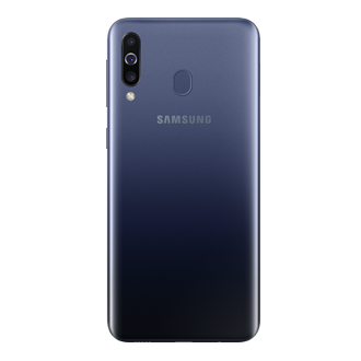 Tampak belakang Samsung M30 biru dengan 13MP triple camera, cek daftar harga Galaxy M30 resmi di Samsung Indonesia.