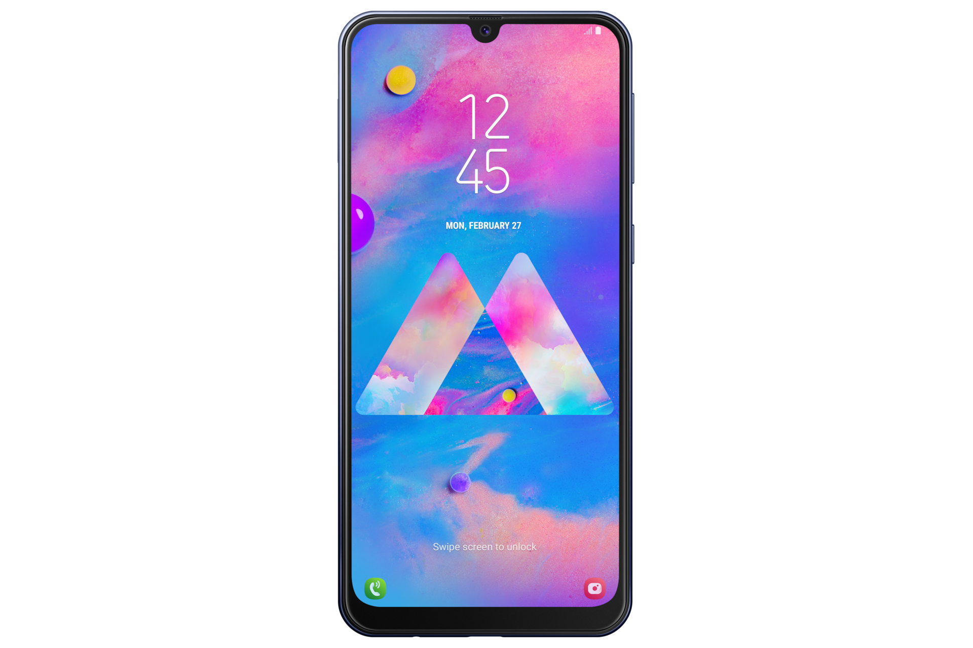 HP Galaxy M30 Samsung biru dengan layar super AMOLED 6.4 inci Infinity-U, cek harga Galaxy M30 di Samsung Indonesia.