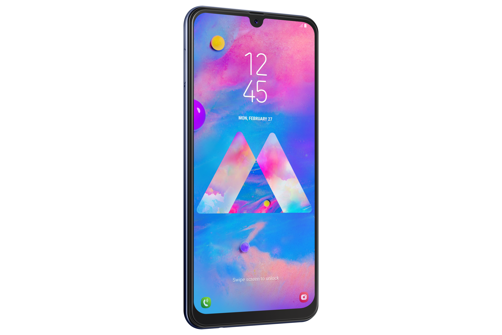 Layar Samsung M30 biru dengan display super AMOLED 6.4 inci. Cek harga Samsung Galaxy M30 di sini.