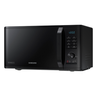 Panggangan Samsung microwave oven dengan teknologi Browning Plus pintu 23L (hitam) dengan logo Samsung.