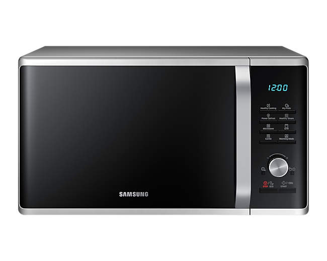 Microwave oven grill 28L Warna Silver, sisi depan pintu tertutup