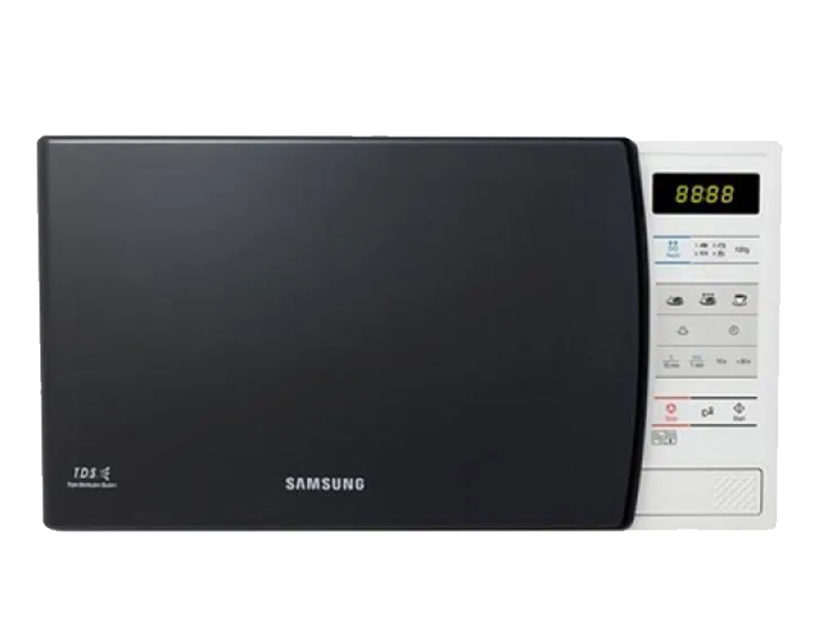 Tampak depan Samsung microwave oven solo dengan Ceramic Enamel 20L (perak).