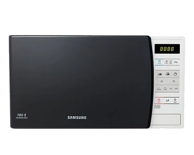 Tampak depan Samsung microwave oven solo dengan Ceramic Enamel 20L (perak).