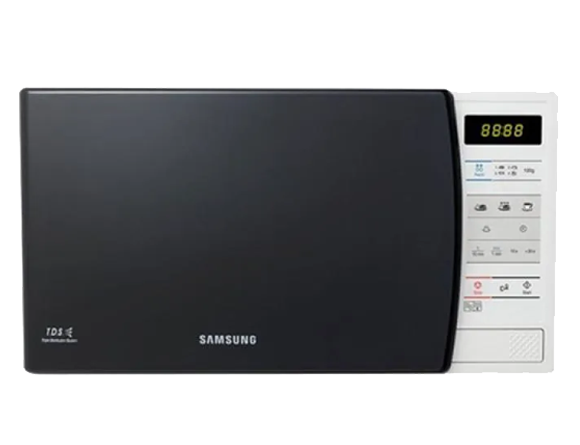 Tampak depan Samsung microwave oven solo dengan Ceramic Enamel 20L (perak).
