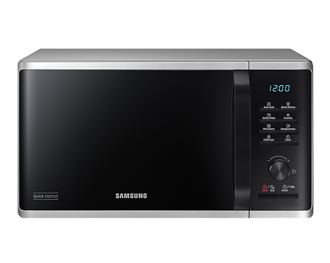 Bagian depan Samsung microwave oven solo dengan teknologi Quick Defrost 23L (perak).