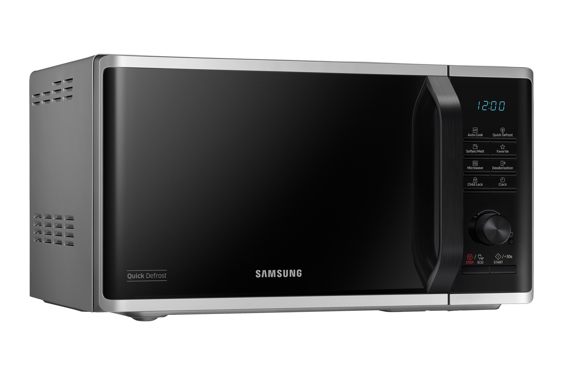 Tampilan dekat Samsung microwave oven solo dengan teknologi Quick Defrost pintu 23L (perak) dan logo Quick Defrost