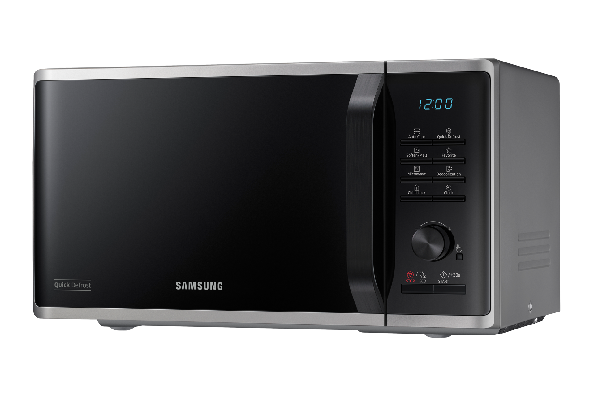 Tampilan dekat oven microwave Samsung solo dengan teknologi Quick Defrost pintu 23L (perak).