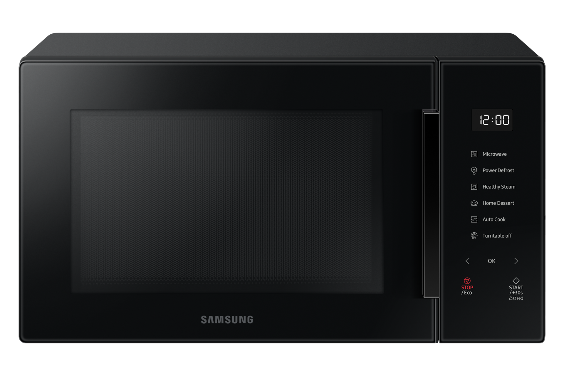 Bagian depan oven microwave Samsung solo dengan Healthy Steam 30L berwarna hitam.