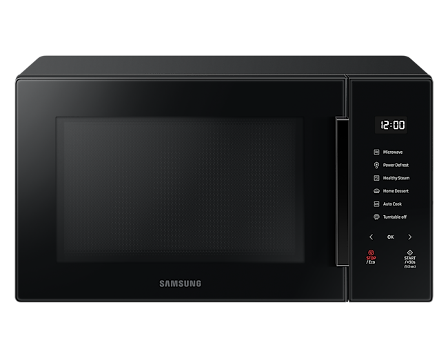 Bagian depan oven microwave Samsung solo dengan Healthy Steam 30L berwarna hitam.