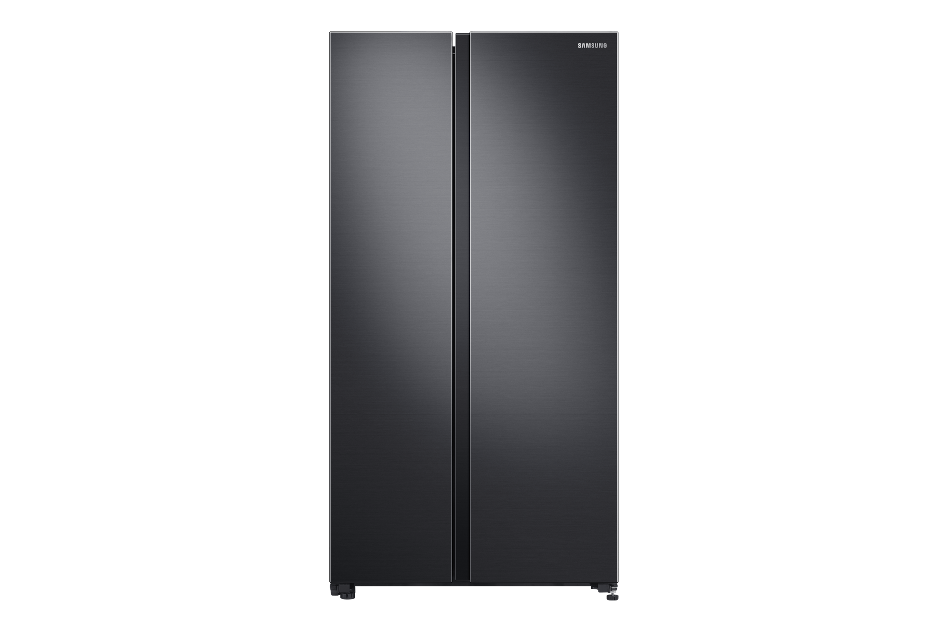 Kulkas Samsung RS62 Side By Side All-Around Cooling 700L (hitam) terlihat dari depan. Hadir dengan desain 2 pintu yang stylish.