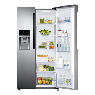 id-side-by-side-rs58k6407s8-rs58k6407s8-se-sisi-depan-terbuka-sebagian-dengan-makanan-silver