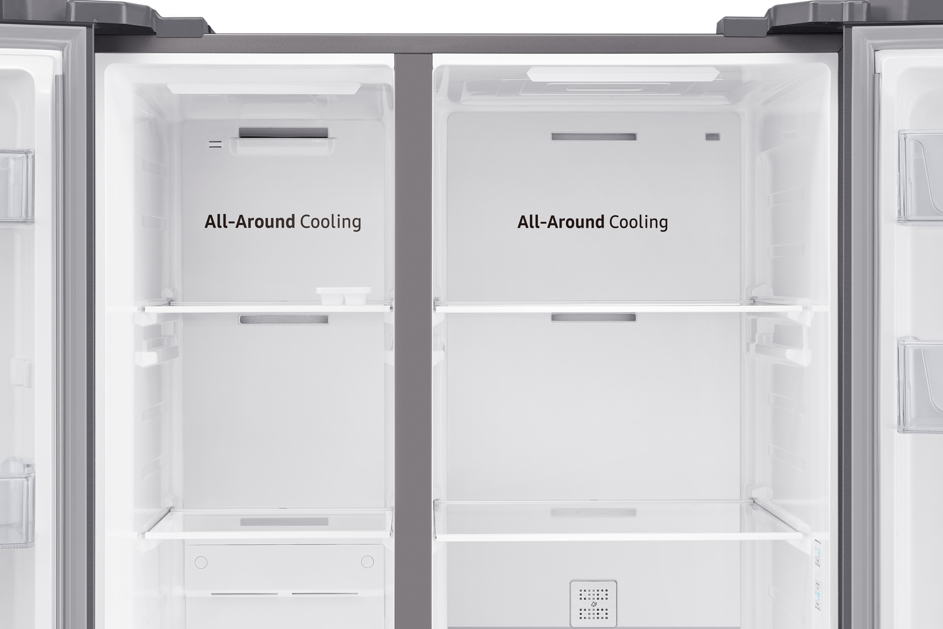 Samsung RS61 Side By Side All-Around Cooling Kulkas 700L (perak) terlihat dari dalam. Dilengkapi dengan sistem pendingin serba guna untuk menjaga makanan dan minuman Anda tetap segar.