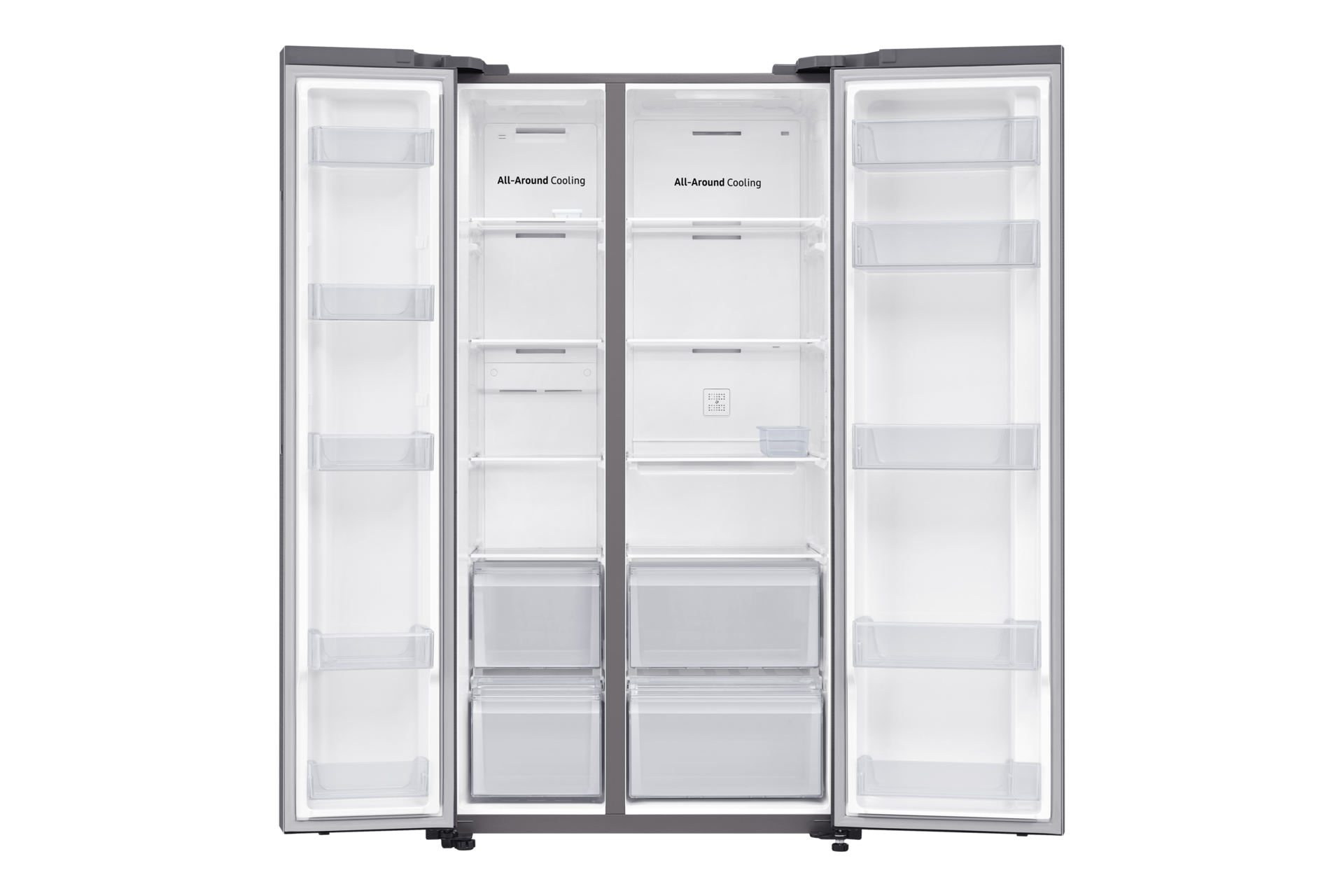 Samsung RS61 Side By Side All-Around Cooling Kulkas 700L (perak) terlihat dari depan, dan terbuka untuk menunjukkan kapasitas penyimpanan 700L yang luas.