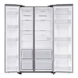 Samsung RS61 Side By Side All-Around Cooling Kulkas 700L (perak) terlihat dari depan, dan terbuka untuk menunjukkan kapasitas penyimpanan 700L yang luas.