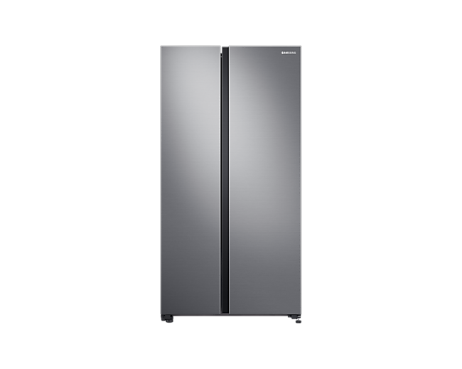 Kulkas Samsung RS61 Side By Side All-Around Cooling 700L (perak) terlihat dari depan. Hadir dengan desain 2 pintu yang stylish.