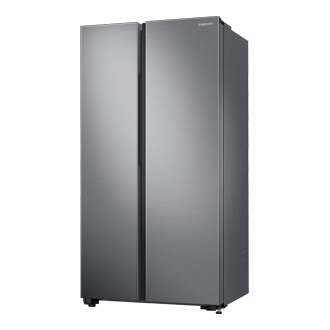 Samsung RS61 Side By Side All-Around Cooling Kulkas 700L (perak) dilihat dari sisi kanan. Hadir dengan desain 2 pintu yang stylish.