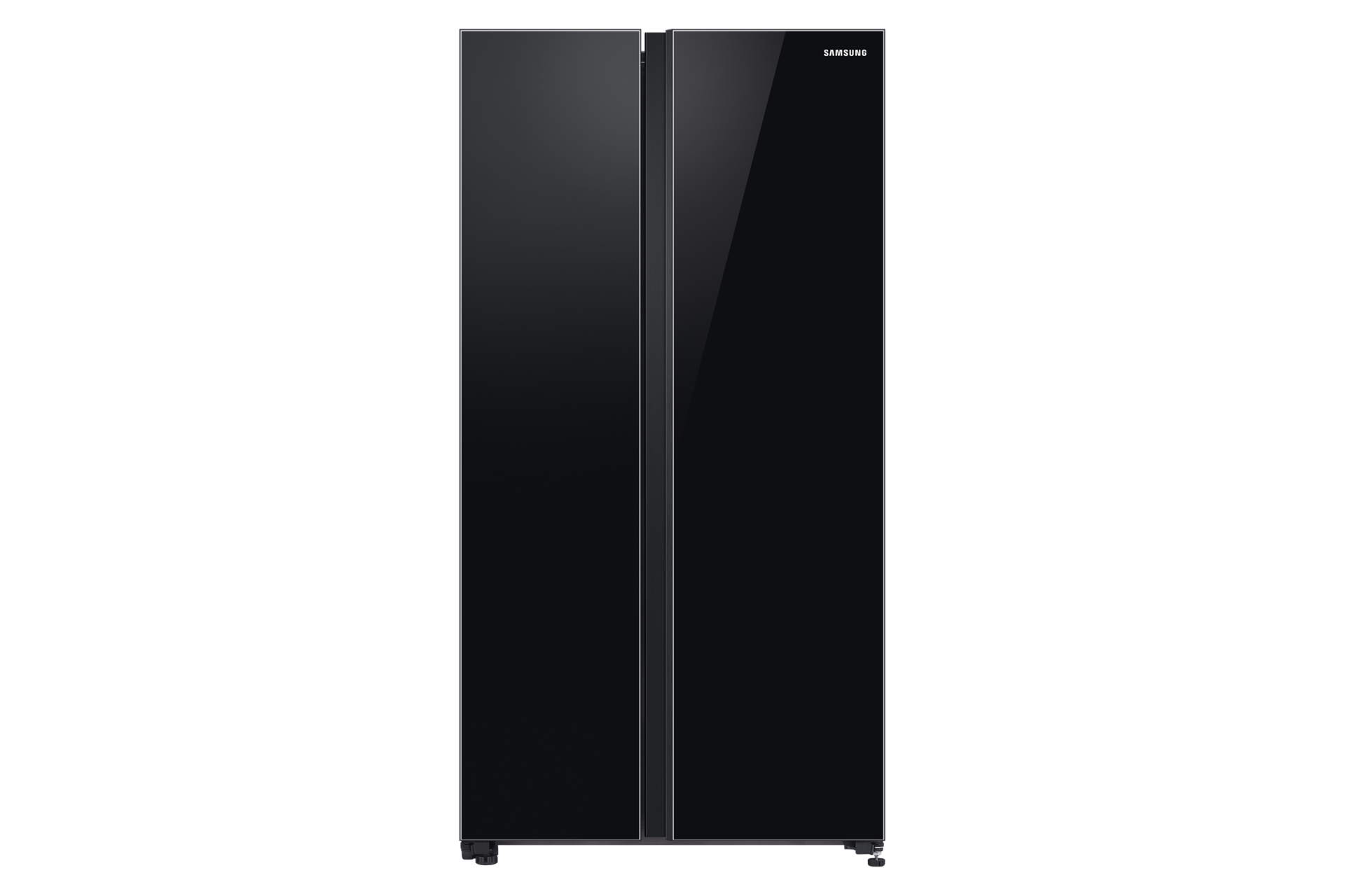 Samsung RS62R50412C Side By Side dengan All-Around Cooling, 700L (hitam) terlihat dari depan. Hadir dengan desain 2 pintu yang stylish.