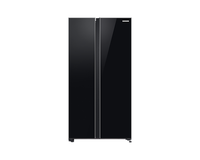 Samsung RS62R50412C Side By Side dengan All-Around Cooling, 700L (hitam) terlihat dari depan. Hadir dengan desain 2 pintu yang stylish.