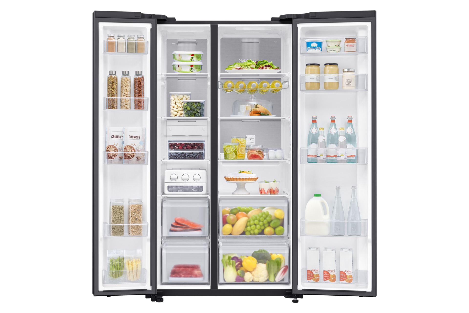 Samsung RS62R50412C Side By Side dengan All-Around Cooling, 700L (hitam) terlihat dari depan. Terbuka untuk menunjukkan kapasitas penyimpanan 700L yang luas.