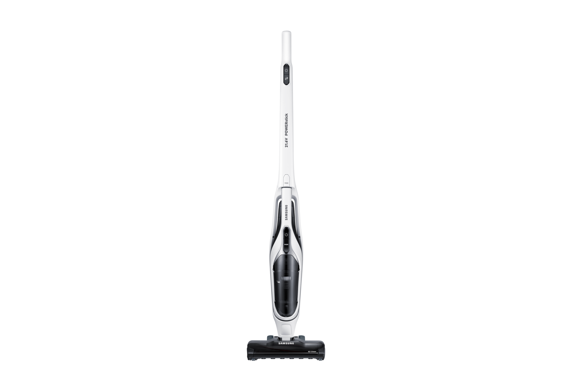 Tampilan depan vacuum cleaner Samsung POWERStick dengan teknologi Cyclone Force (Putih).