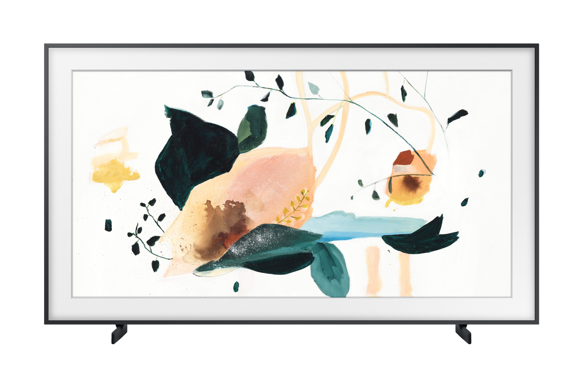 TV 50 inch ke 55 inch Samsung (QA55LS03TAKXXD) warna hitam, tampilan depan dengan stand
