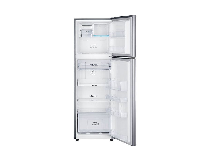 Samsung RT22 Top Mount Freezer Digital Inverter Refrigerator, 234L (perak) terlihat dari depan, dan terbuka untuk menunjukkan kapasitas penyimpanan 234L yang luas.