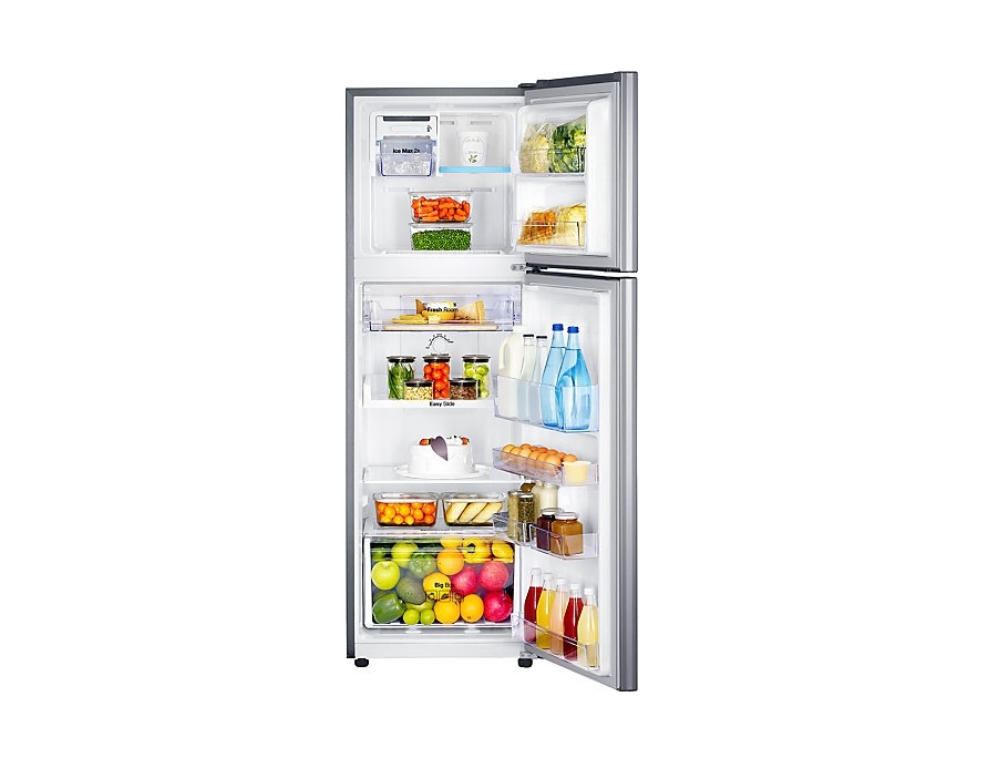 Samsung RT22 Top Mount Freezer Digital Inverter Kulkas, 234L (perak) terlihat dari depan. Teknologi pendinginan membuat makanan dan minuman Anda tetap segar.