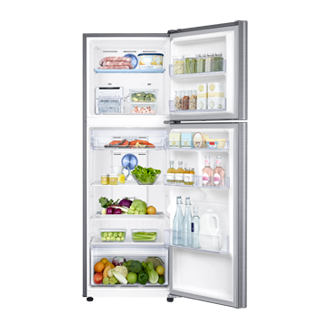 id-top-mount-freezer-rt32k5032s8-se-005-sisi-depan-terbuka-dengan-makanan-silver